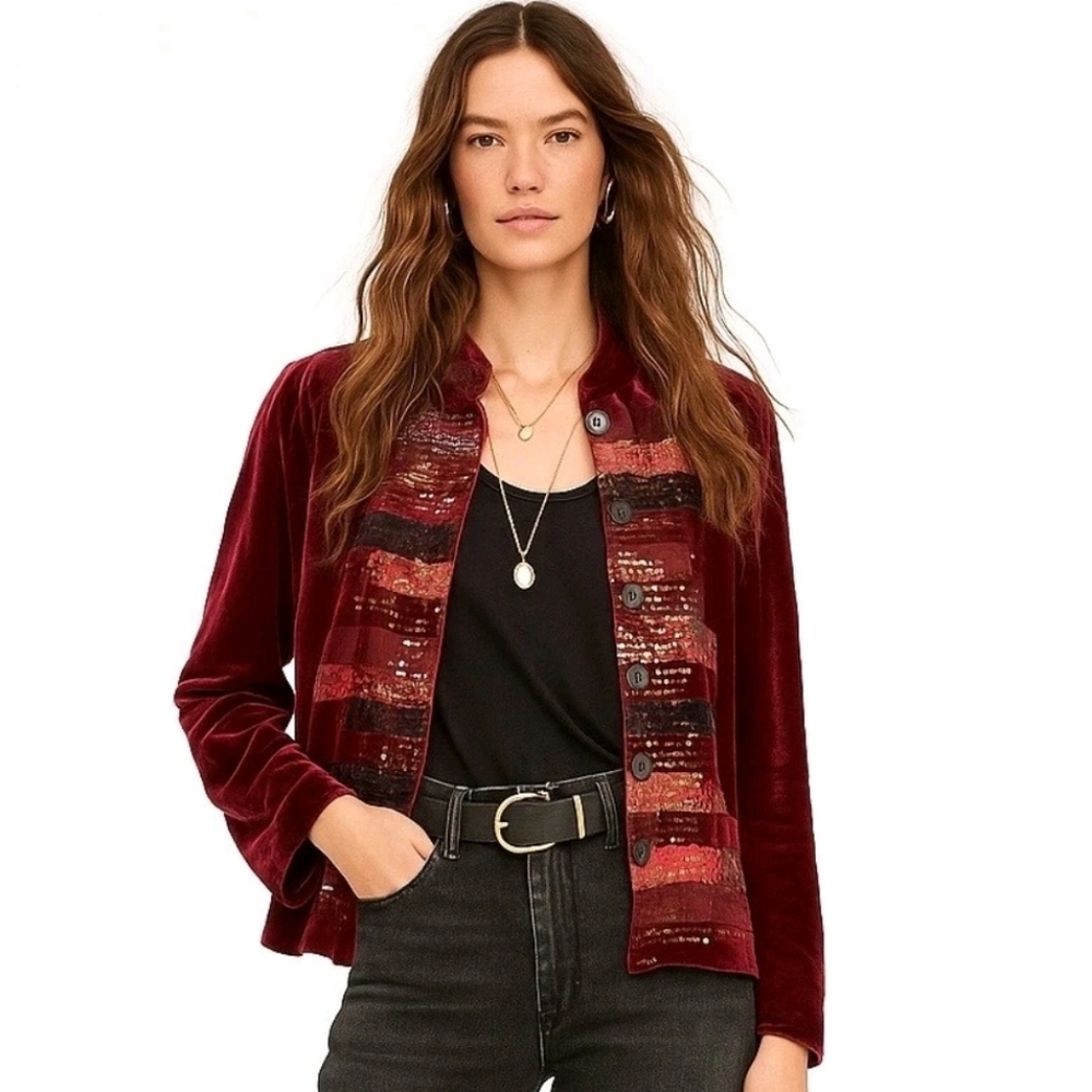 Chico's Velvet Silk Jacket Sequin Artsy Boho
